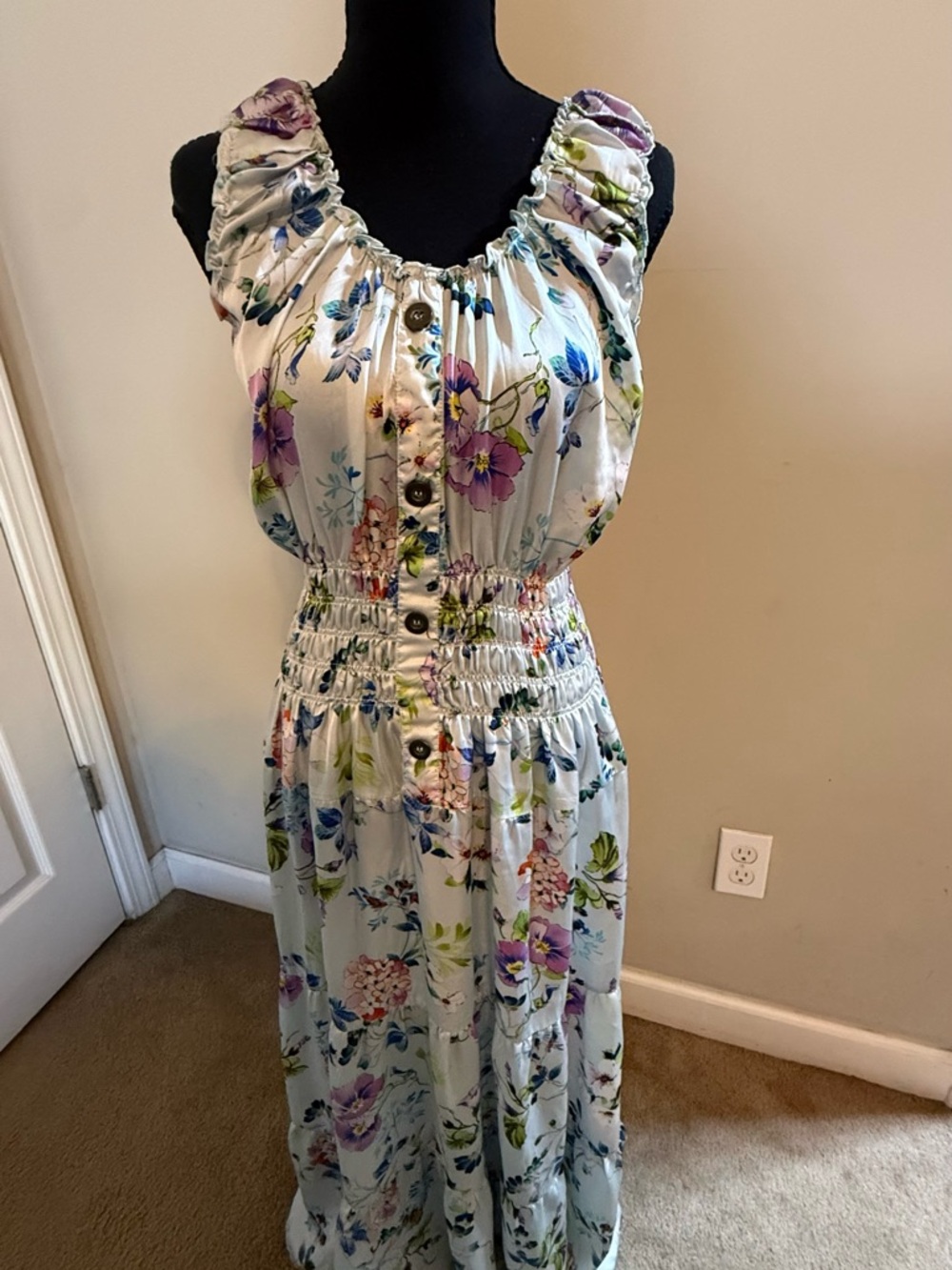 Lapis Cream Floral Maxi Dress with Purple & Blue Blooms